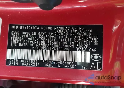 2019 Toyota Corolla Le from USA, damaged, VIN 2T1BURHE4KC138618